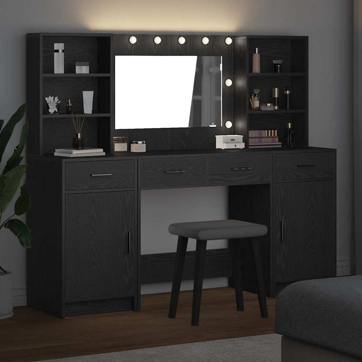 Makeupbord sæt med LED 3 stk. Sort eg Konstrueret træ