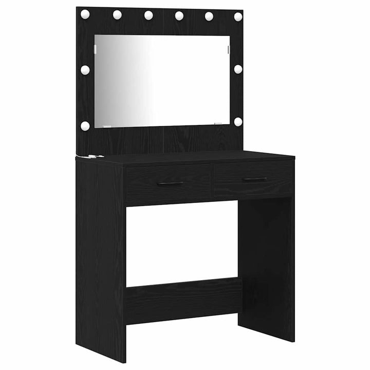 Makeupbord sæt med LED med skuffe 3 pcs Sort eg Konstrueret træ