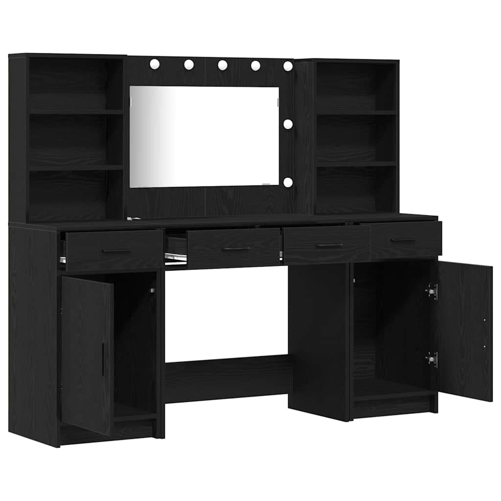 Makeupbord sæt med LED med skuffe 3 pcs Sort eg Konstrueret træ