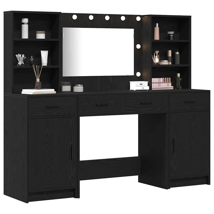Makeupbord sæt med LED med skuffe 3 pcs Sort eg Konstrueret træ