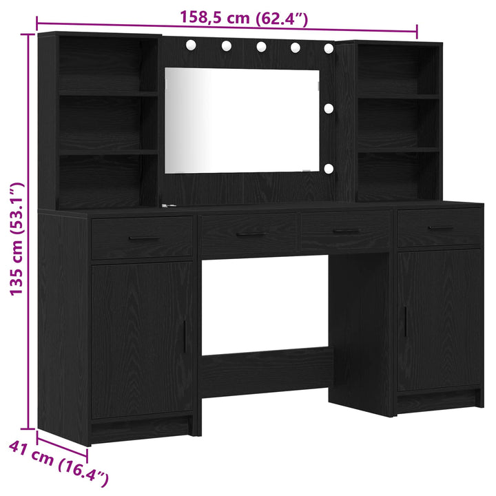 Makeupbord sæt med LED med skuffe 3 pcs Sort eg Konstrueret træ