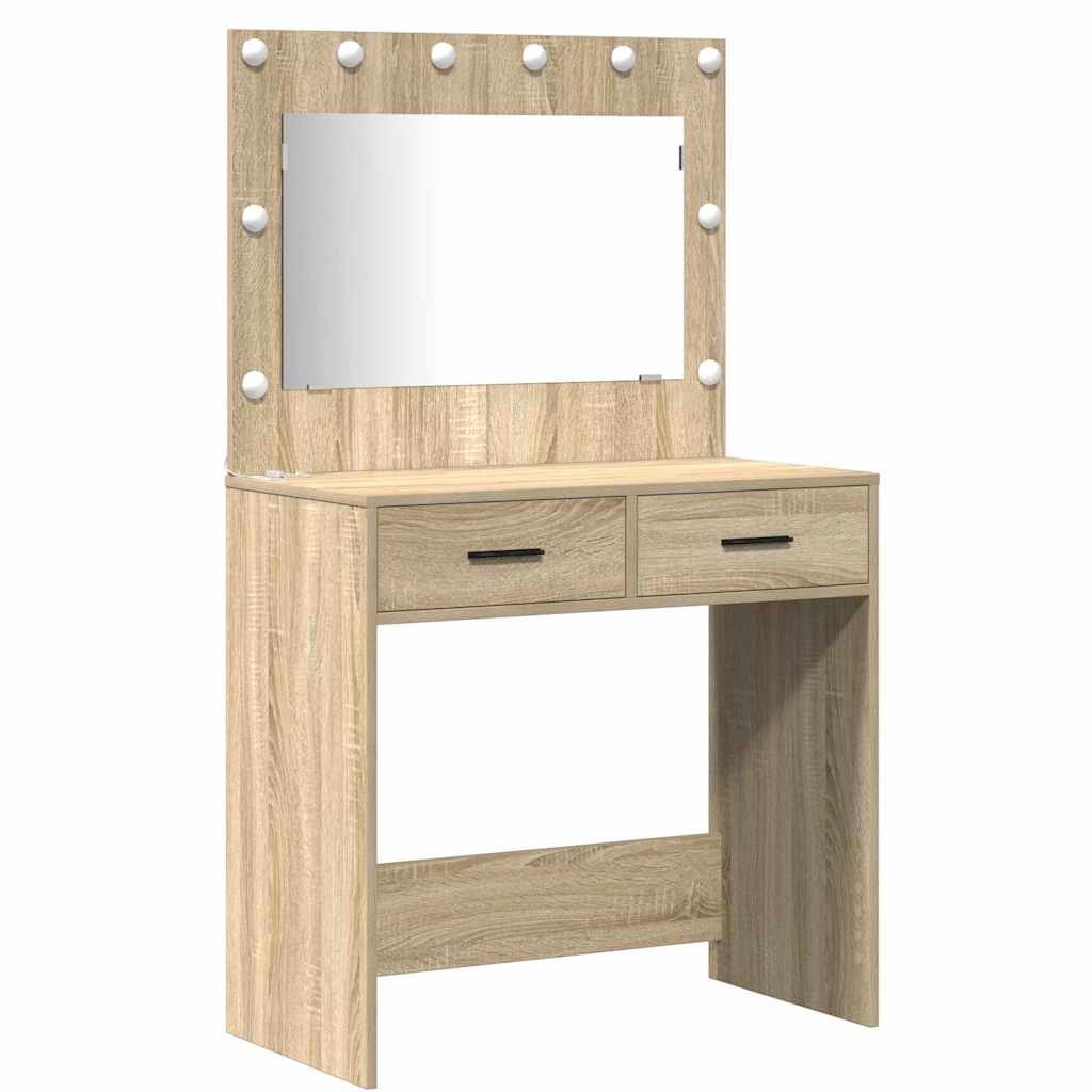 Makeupbord sæt med LED med dør 3 pcs Sonoma eg Konstrueret træ