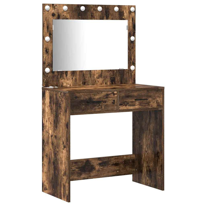 Makeupbord sæt med LED med hylde 3 pcs Røget eg Konstrueret træ
