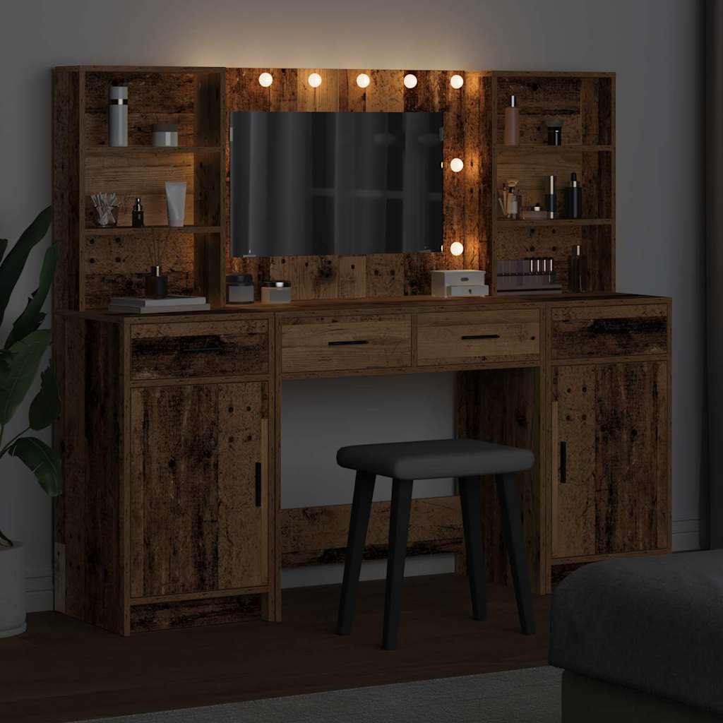 Makeupbord sæt med LED 3 stk. Gammelt træ Konstrueret træ