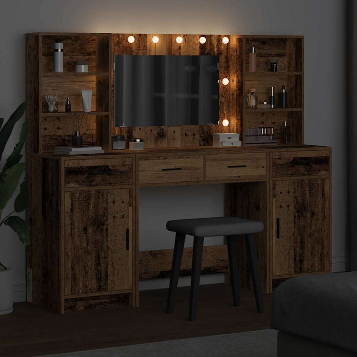 Makeupbord sæt med LED 3 stk. Gammelt træ Konstrueret træ