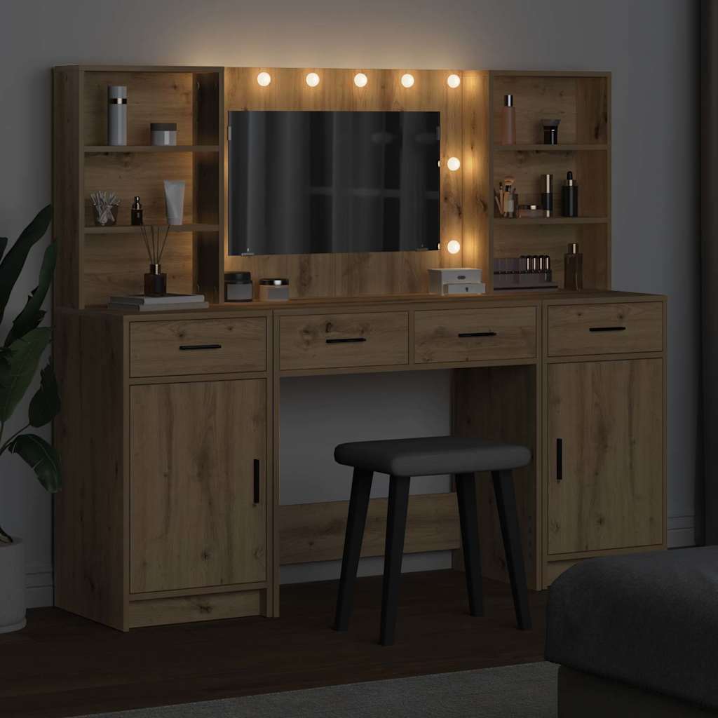 Makeupbord sæt med LED 3 stk. Artisan Egetræ Konstrueret træ