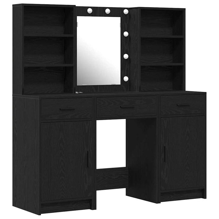 Makeupbord sæt med LED med skuffe 3 pcs Sort eg Konstrueret træ