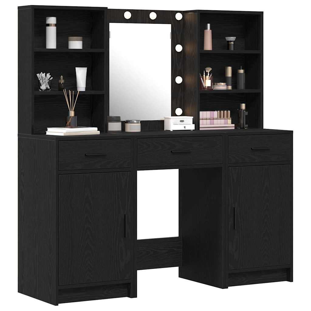 Makeupbord sæt med LED med skuffe 3 pcs Sort eg Konstrueret træ