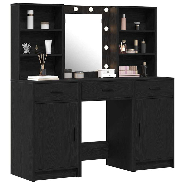 Makeupbord sæt med LED med skuffe 3 pcs Sort eg Konstrueret træ