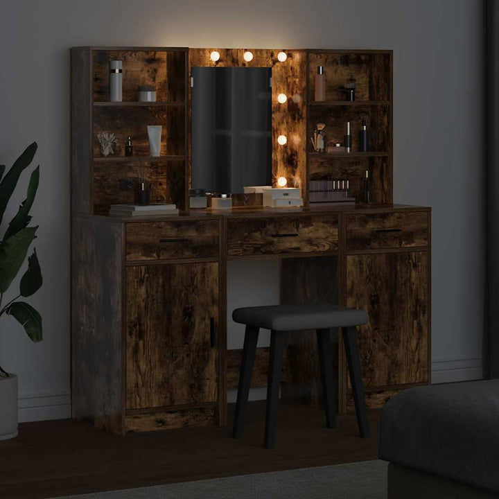 Makeupbord sæt med LED 3 stk. Røget eg Konstrueret træ