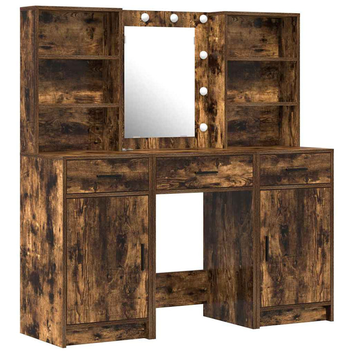 Makeupbord sæt med LED med hylde 3 pcs Røget eg Konstrueret træ