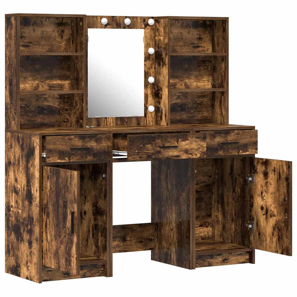 Makeupbord sæt med LED med hylde 3 pcs Røget eg Konstrueret træ