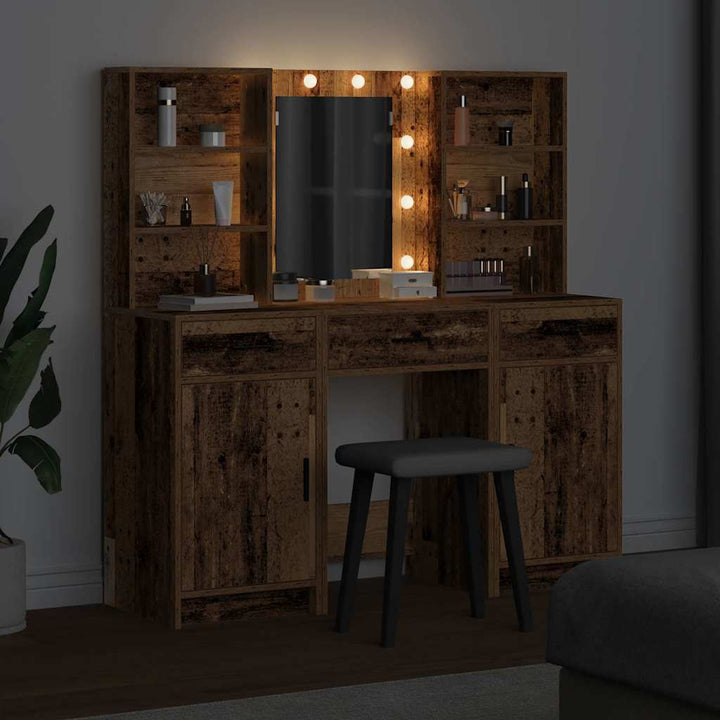 Makeupbord sæt med LED 3 stk. Gammelt træ Konstrueret træ