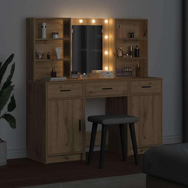 Makeupbord sæt med LED 3 stk. Artisan Egetræ Konstrueret træ