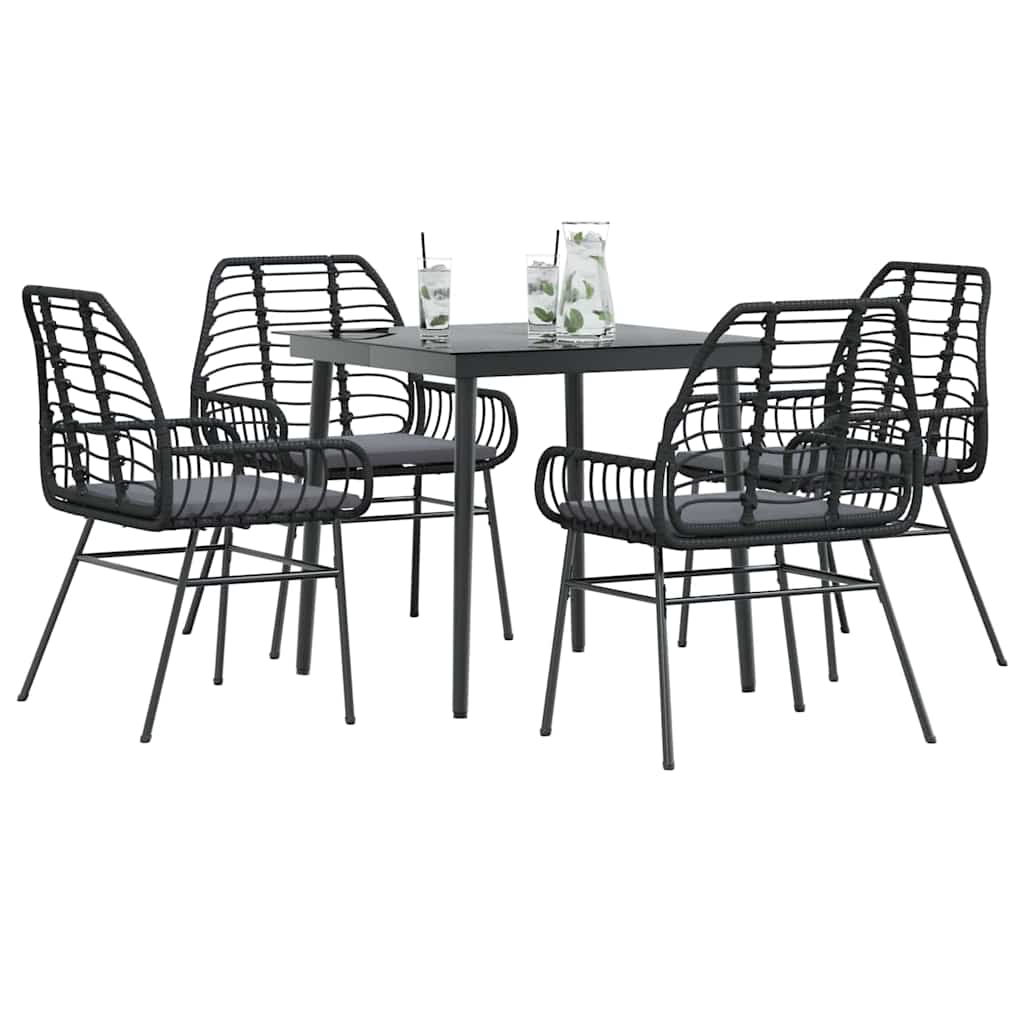 5 dele spisebordssæt til haven m. hynder polyrattan glas sort