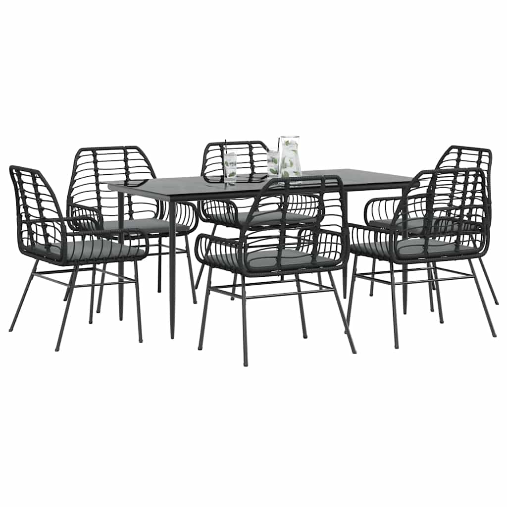 7 dele spisebordssæt til haven m. hynder polyrattan glas sort