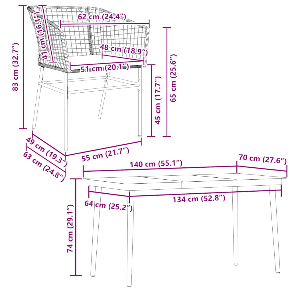 5 dele spisebordssæt til haven m. hynder polyrattan glas brun