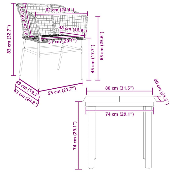 3 dele spisebordssæt til haven polyrattan glas sort