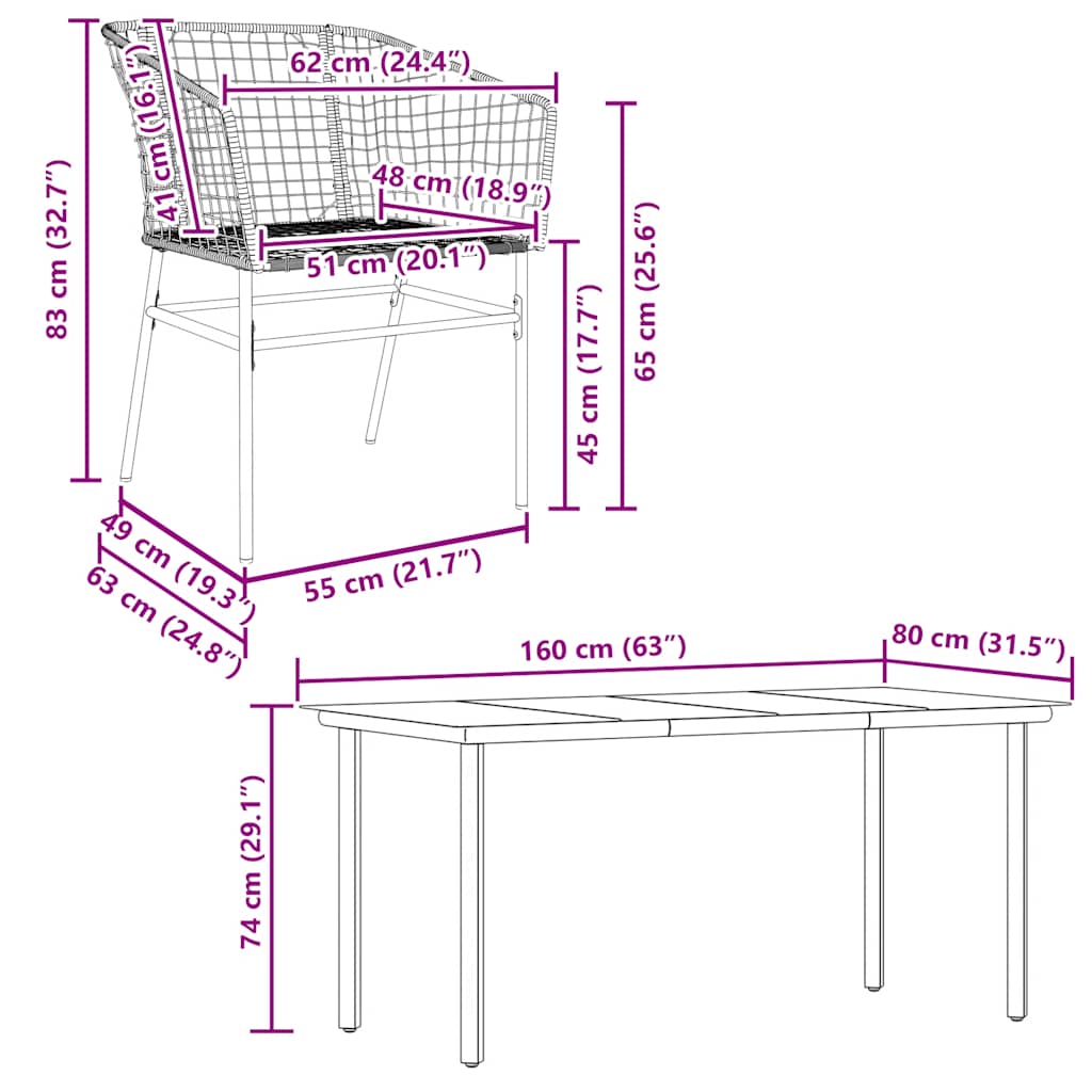7 dele spisebordssæt til haven polyrattan glas sort
