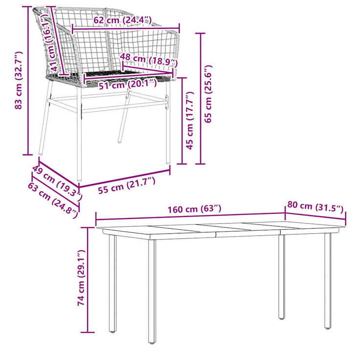 7 dele spisebordssæt til haven polyrattan glas sort