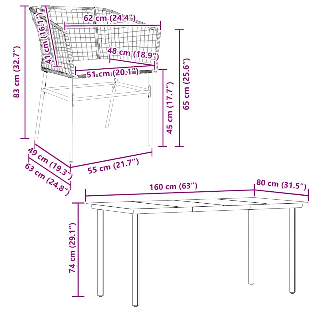 5 dele spisebordssæt til haven m. hynder polyrattan glas sort