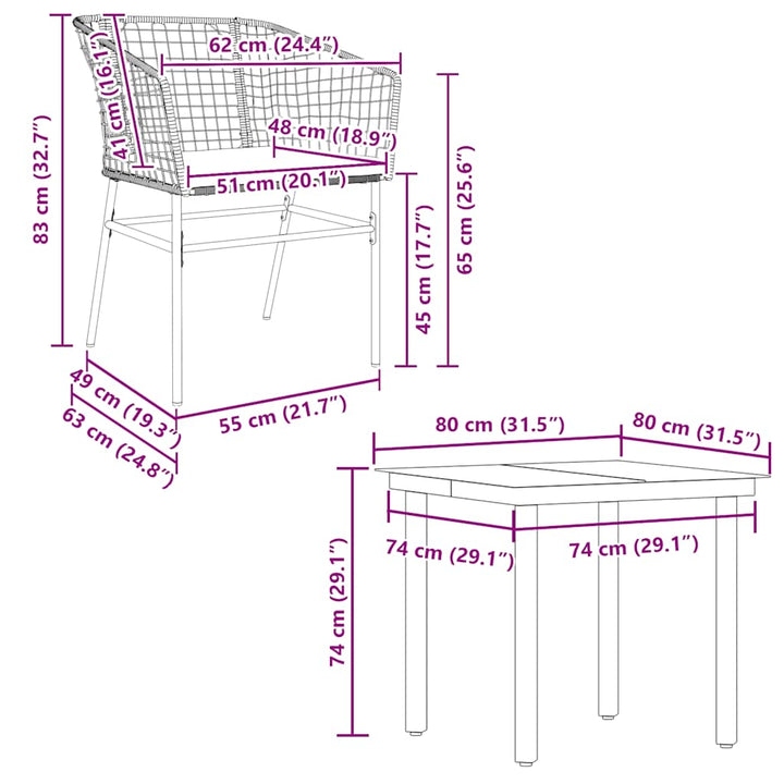 5 dele spisebordssæt til haven m. hynder polyrattan glas brun