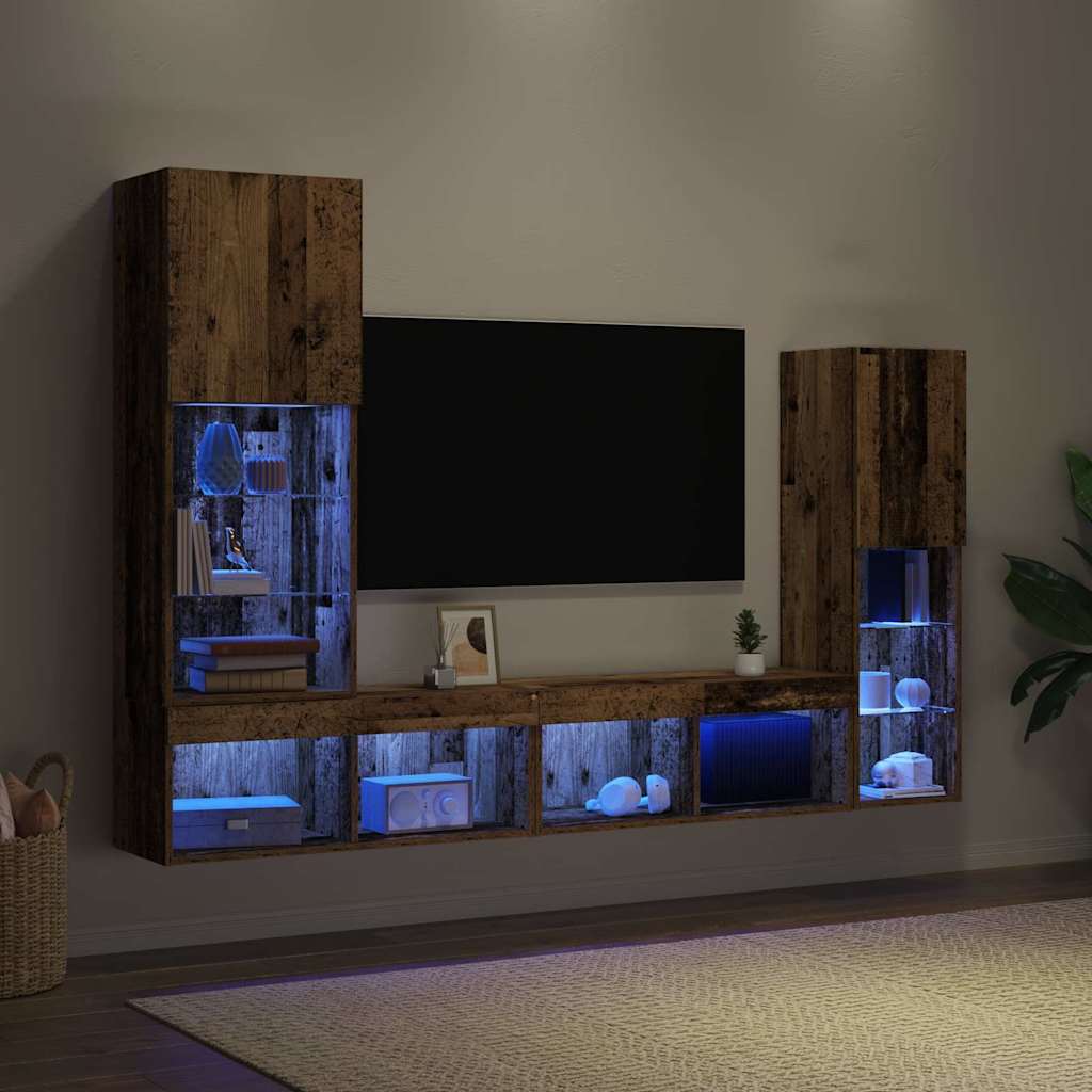 TV-skab med LED -strimmellys 4 pcs Gammelt træ Konstrueret træ