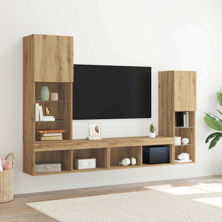 TV-skab med LED -strimmellys 4 pcs artisan eg Konstrueret træ