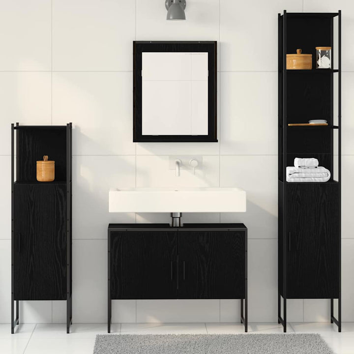 Badeværelsesmøbel sæt med hylde 4 pcs Sort Konstrueret træ