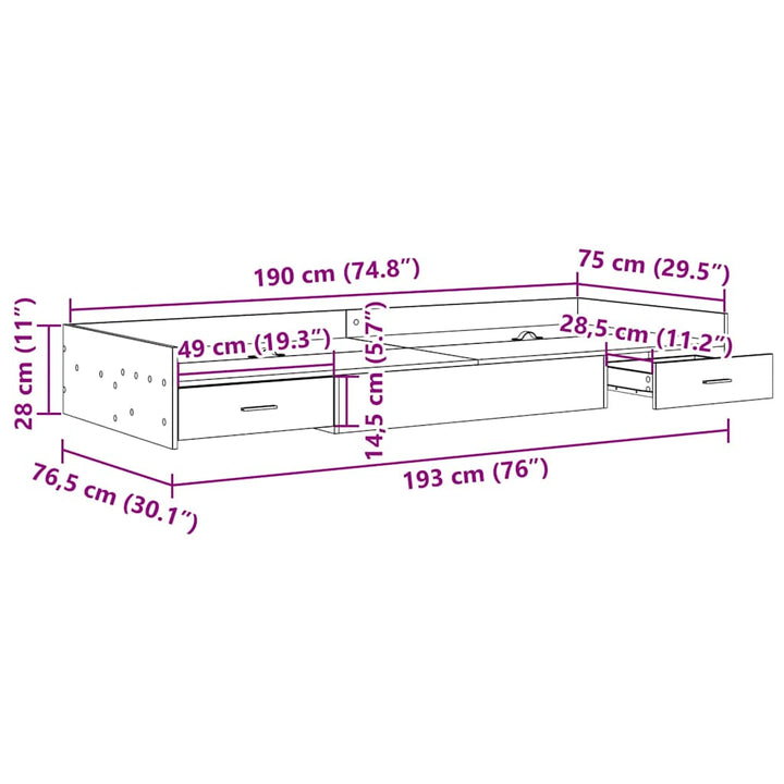 Sengestel med skuffe Sort eg 75 x 190 cm Konstrueret træ