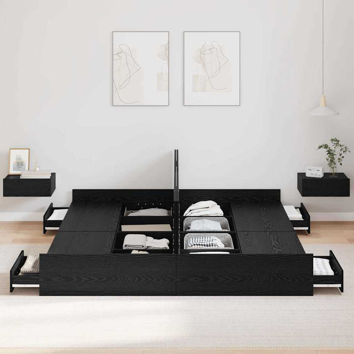 Seng med opbevaring Sort eg 200 x 200 cm Konstrueret træ