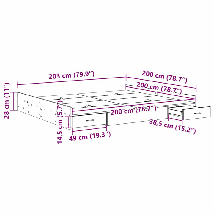 Seng med opbevaring Sort eg 200 x 200 cm Konstrueret træ