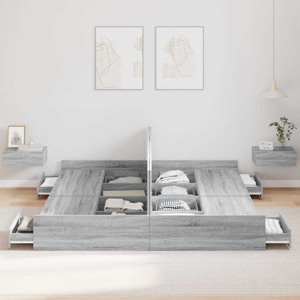 Seng med opbevaring Grå Sonoma 200 x 200 cm Konstrueret træ
