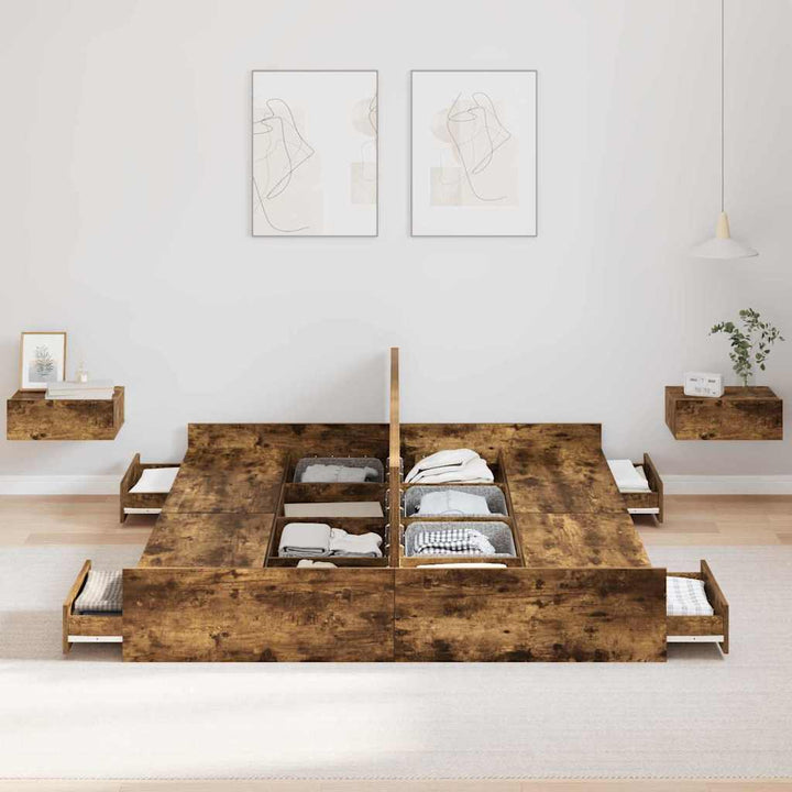 Seng med opbevaring Røget eg 150 x 200 cm Konstrueret træ