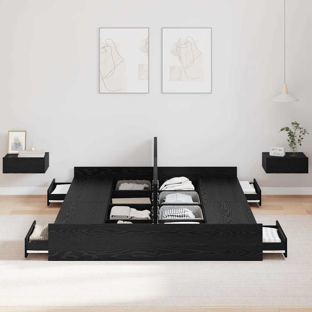 Seng med opbevaring Sort eg 140 x 190 cm Konstrueret træ