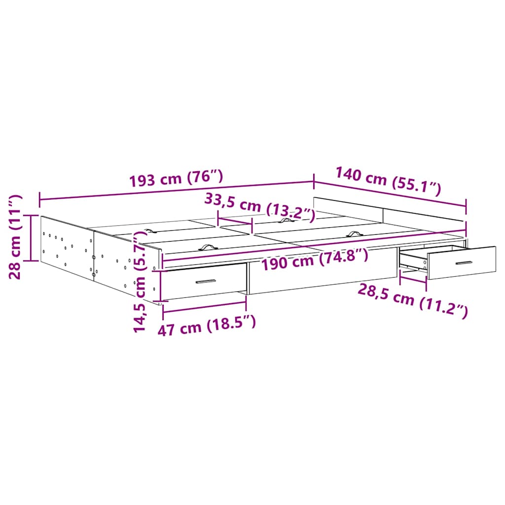 Seng med opbevaring Sort eg 140 x 190 cm Konstrueret træ