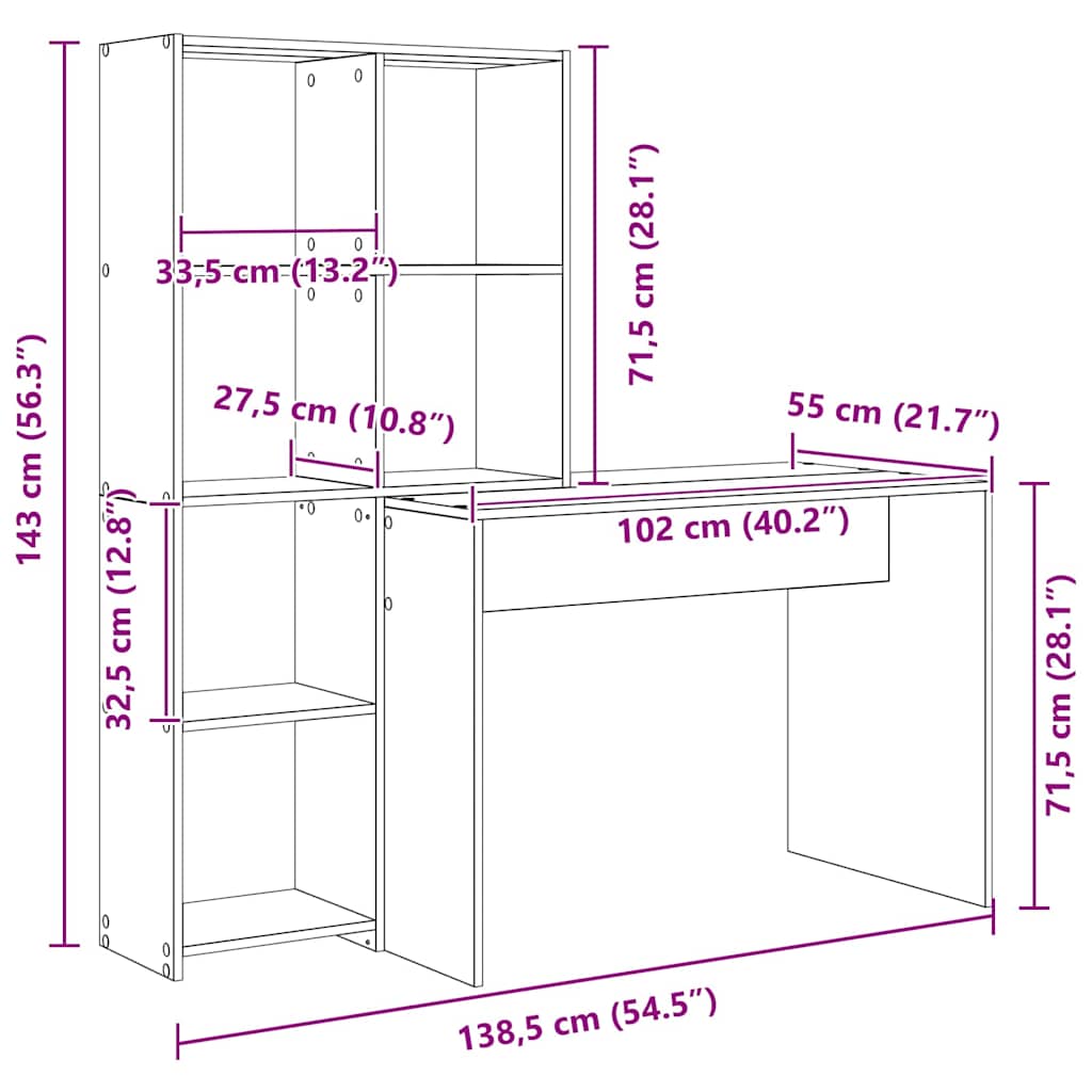 Bord med hylde Sonoma eg 138,5 x 55 x 143 cm Konstrueret træ