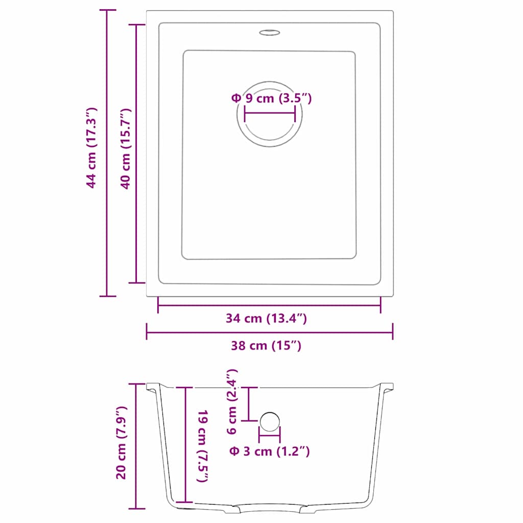 Køkkenvask Sort 38 x 44 x 20 cm Granit