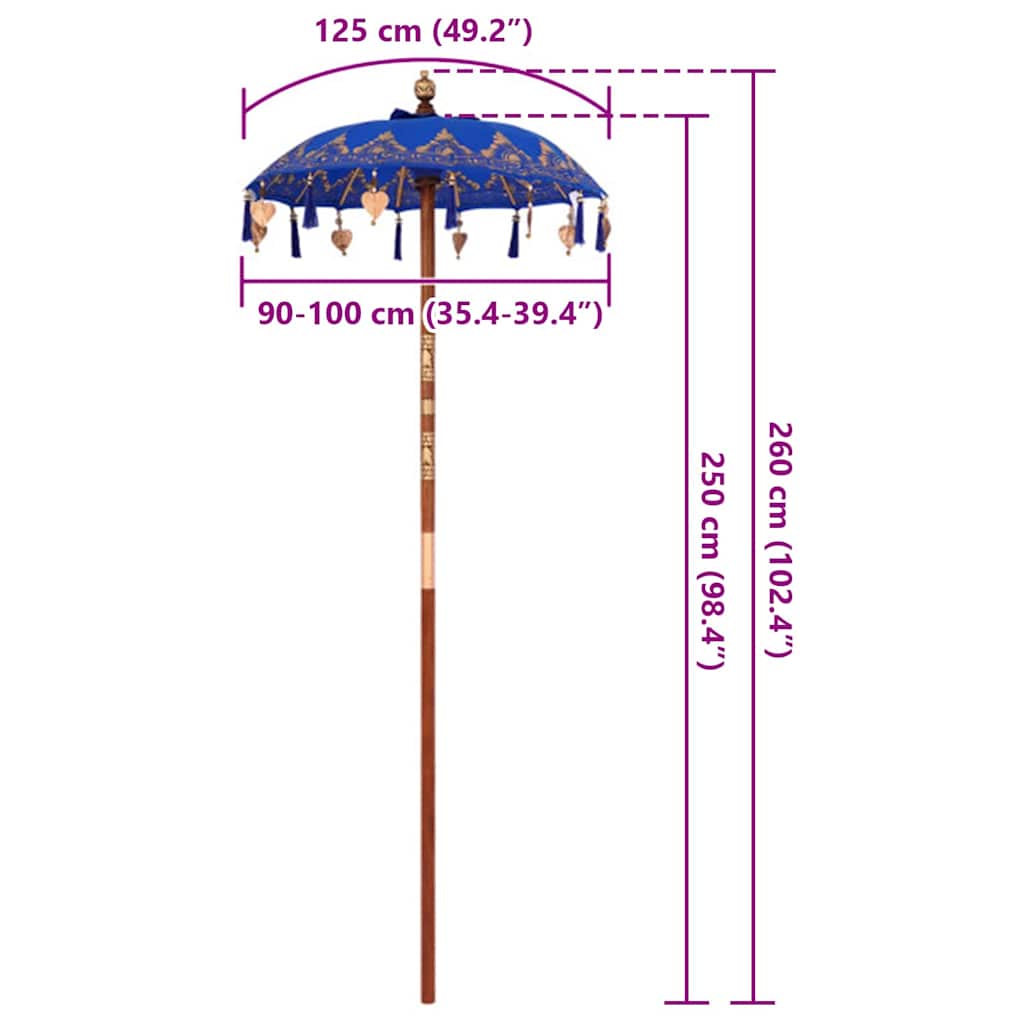 Balinesisk Parasol Blå 125 x 125 x 260 cm