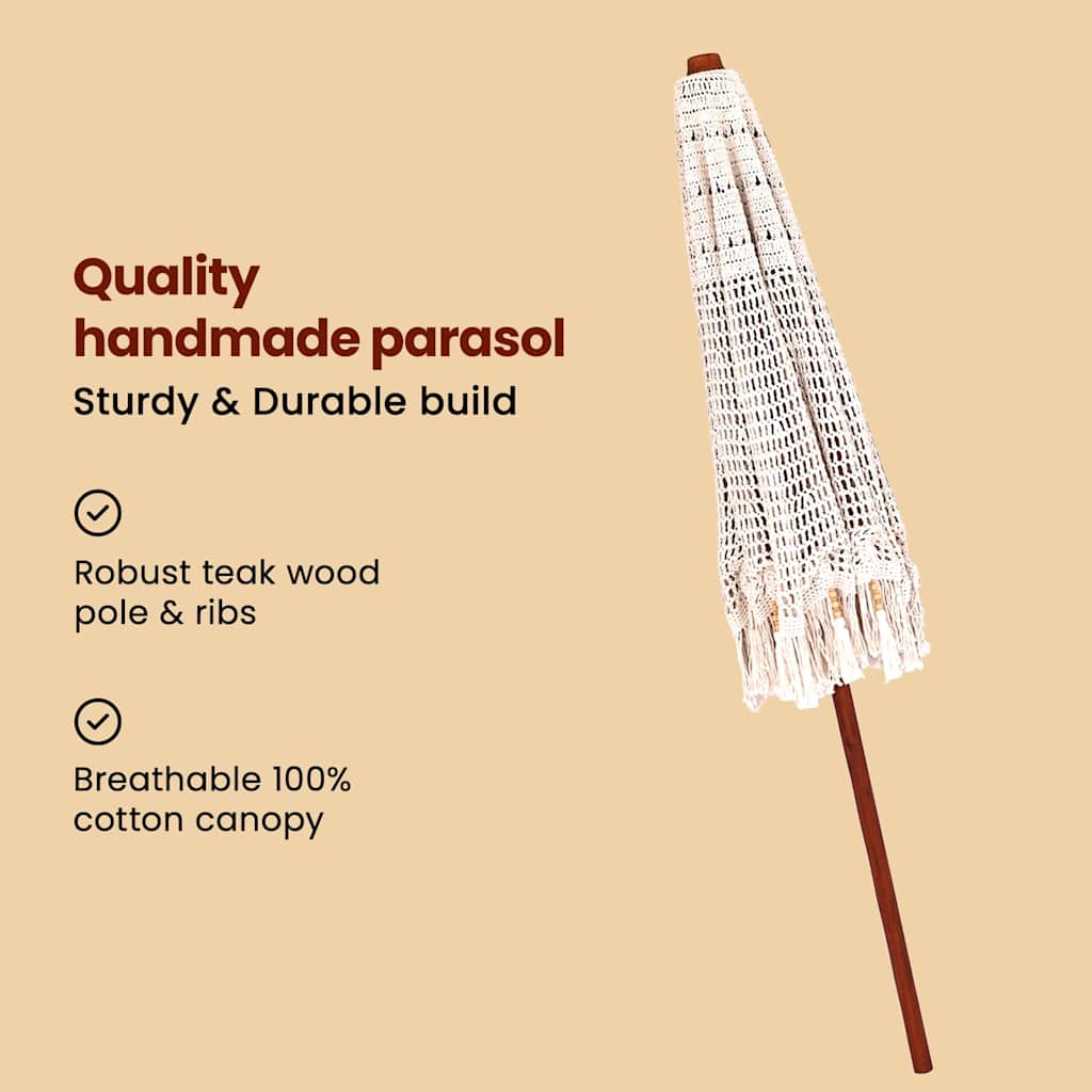 Makrame Parasol Creme 252.5 x 252.5 x 260 cm Bomuld og Teaktræ