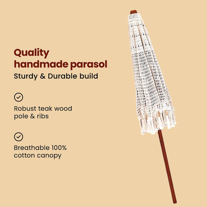 Makrame Parasol Creme 252.5 x 252.5 x 260 cm Bomuld og Teaktræ