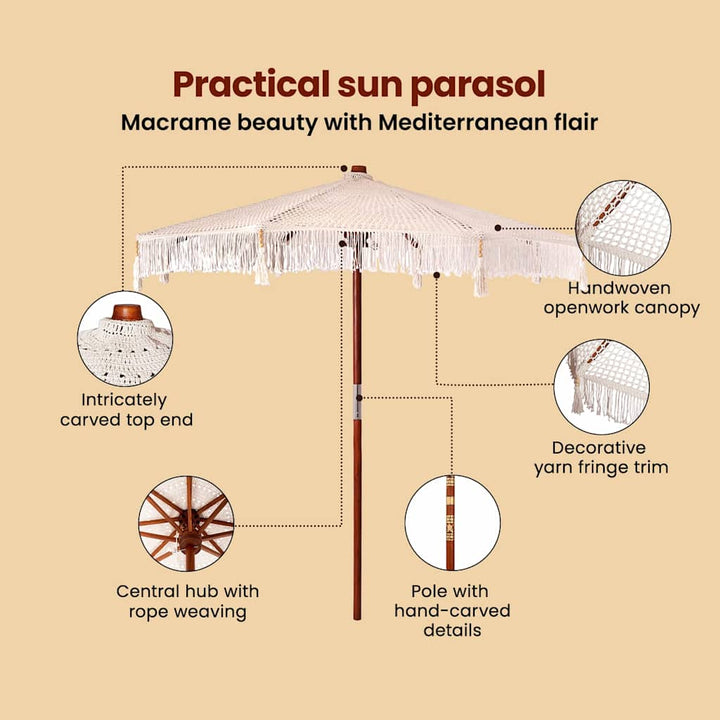 Makrame Parasol Creme 252.5 x 252.5 x 260 cm Bomuld og Teaktræ