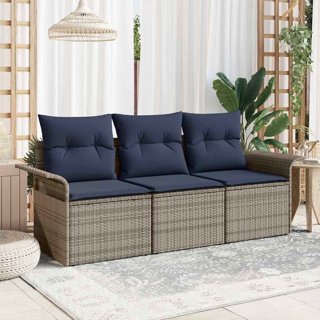 Sofa Sæt med pude 3 pcs Grå og Marineblå polyrattan
