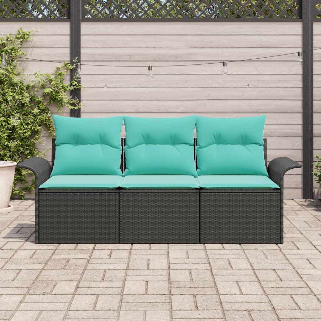 Sofa Sæt med pude 3 pcs Sort og Blå polyrattan
