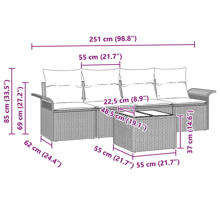 Sofa Sæt med pude 5 pcs Brun polyrattan