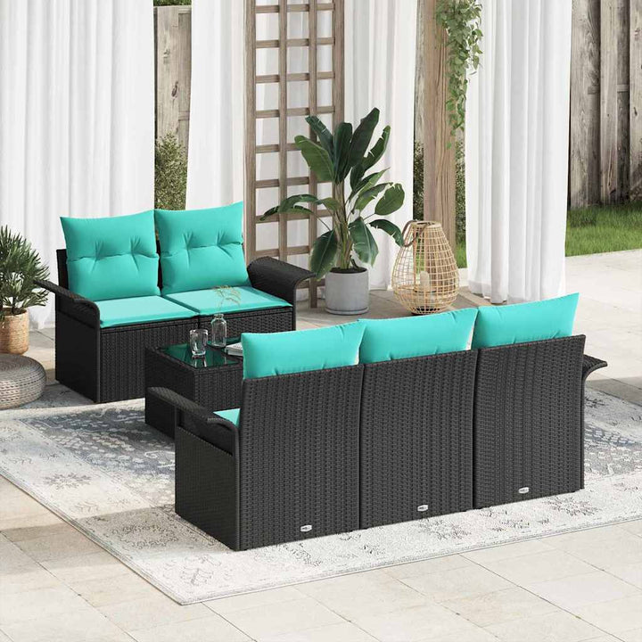 Havesofa Sæt med pude 6 pcs Sort polyrattan
