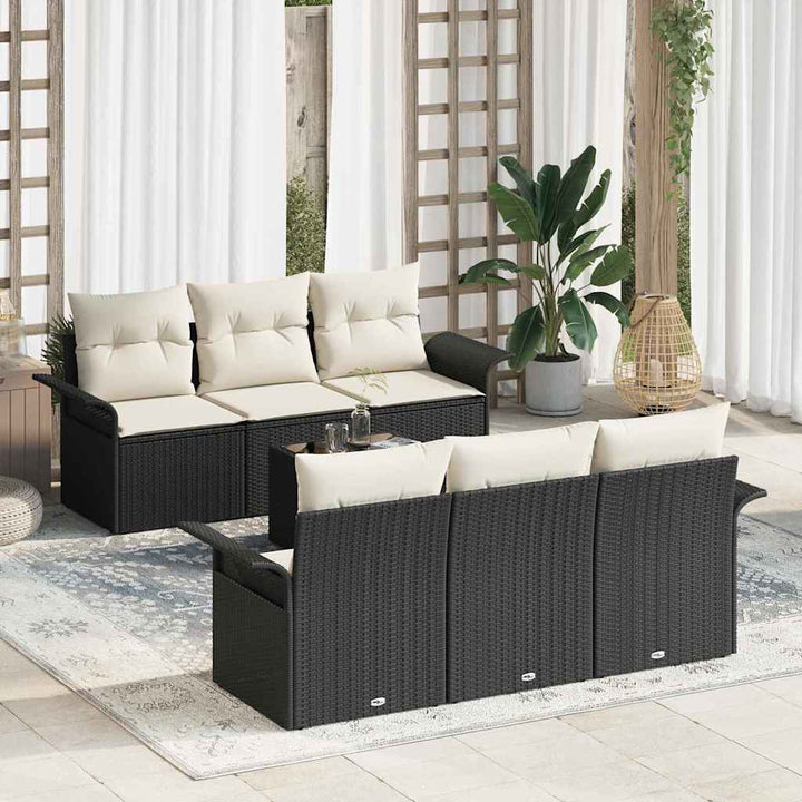 Havesofa Sæt med pude 7 pcs Sort polyrattan