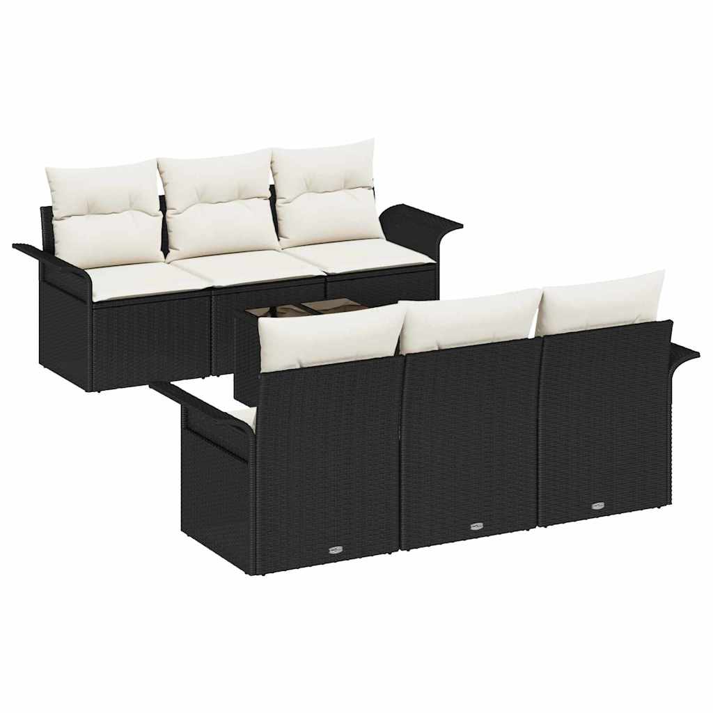 Havesofa Sæt med pude 7 pcs Sort polyrattan