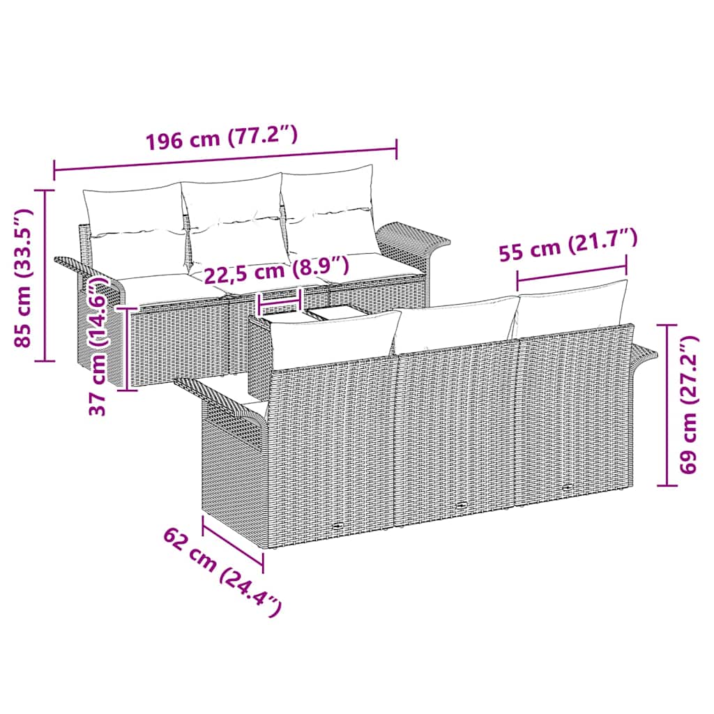 Havesofa Sæt med pude 7 pcs Sort polyrattan