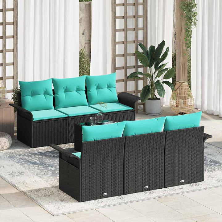 Havesofa Sæt med pude 7 pcs Sort polyrattan